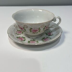 Wales Japan China Gold Embossed Pink Roses Hand Painted Floral Teacup Saucer Set